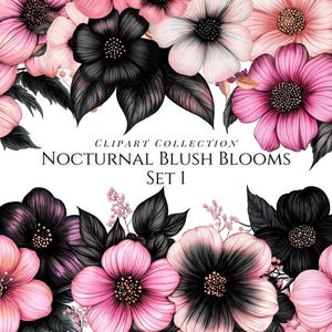 Aquarel clipart, nachtelijke bloemen, bloemsublimaties, roze en zwart, commercieel gebruik clipart, trending graphics, sticker graphics