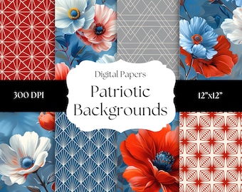 Papiers numériques patriotiques, Arrière-plans transparents, 4 juillet, Motifs estivaux, Motifs rouges, blancs et bleus, Motifs floraux, Americana