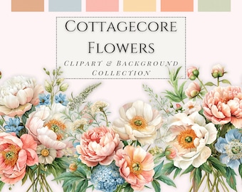 Clipart fleur cottagecore, graphiques floraux pastel, éléments de scrapbooking, agenda numérique, graphiques autocollants fleurs, papiers numériques