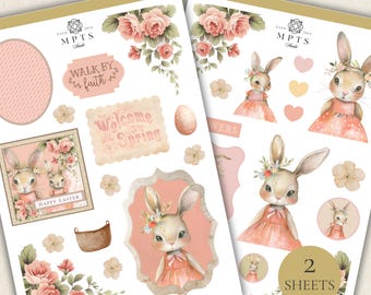Shabby Bunny Garden Stickers, Easter Planner Stickers, Spring Bunny Sticker Set, Floral Planner Stickers, Cute Easter Stickers Kit