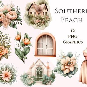 Watercolor Clipart, Southern Peach, Pngs, Cottagecore Clipart, Commercial Use Clipart, Scrapbooking, Whimsical Clipart, Window, Flowers