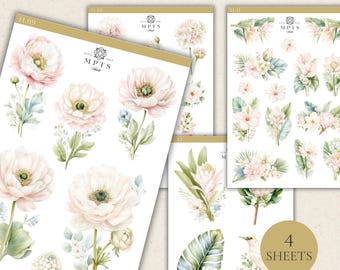 Blush Floral Planner Stickers, Coastal Cottage Stickers, Soft Pastel Botanical Journal Stickers, Beachy Aesthetic Scrapbook Stickers Set