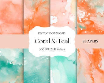 Coral and Teal Digital Background, Commercial Use Graphics, Sublimation, Trending Graphics, Digital Papers, Watercolor Backgrounds