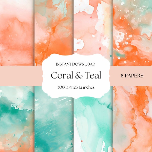 Coral and Teal Digital Background, Commercial Use Graphics, Sublimation, Trending Graphics, Digital Papers, Watercolor Backgrounds