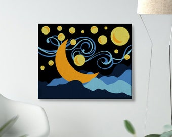 Yellow, Blue, Moon, Stars Canvas Wall Art Picture - Nursery, Bedroom, Playroom, Games room, bathroom space theme - Orange,Navy, Blue,Yellow