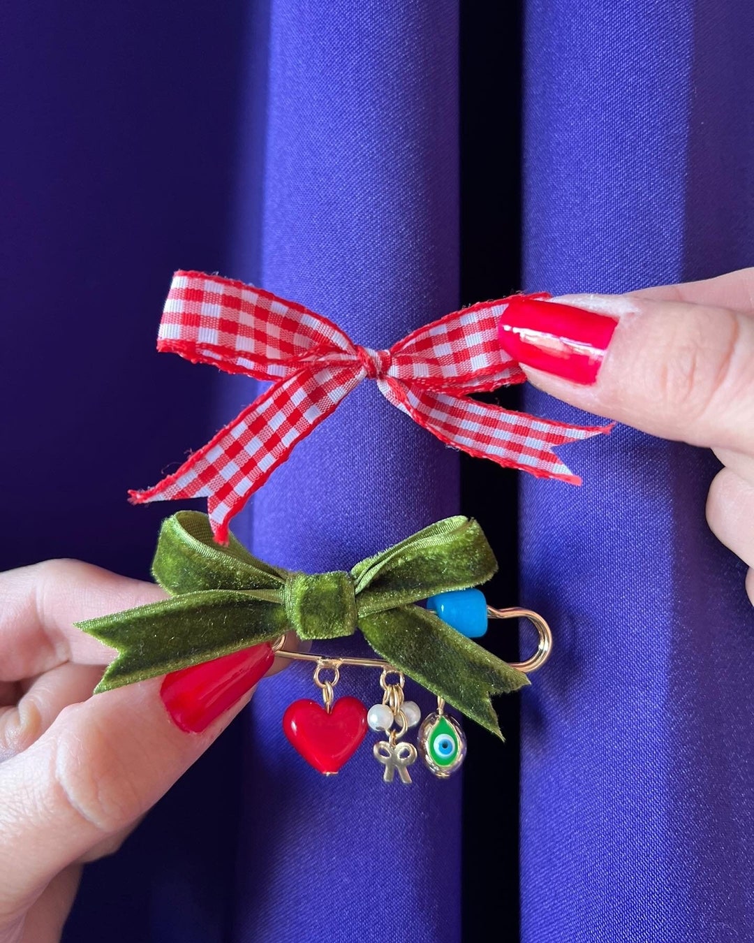 Red Ribbon Broche Brooch With Glass Red Heart and Blue Evil Eye Bead Ribbon, Brooch With ...
