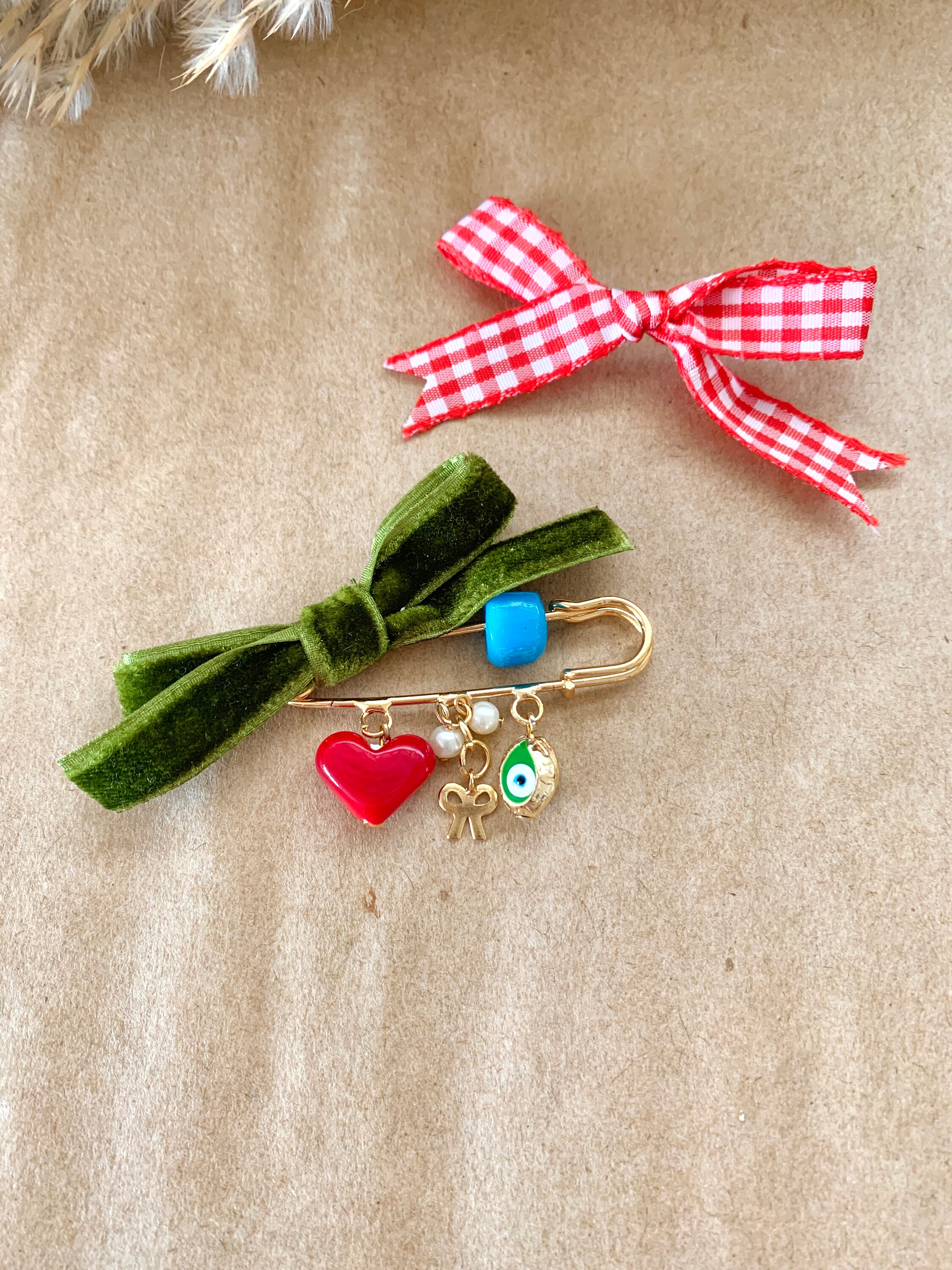 Red Ribbon Broche Brooch With Glass Red Heart and Blue Evil Eye Bead Ribbon, Brooch With ...
