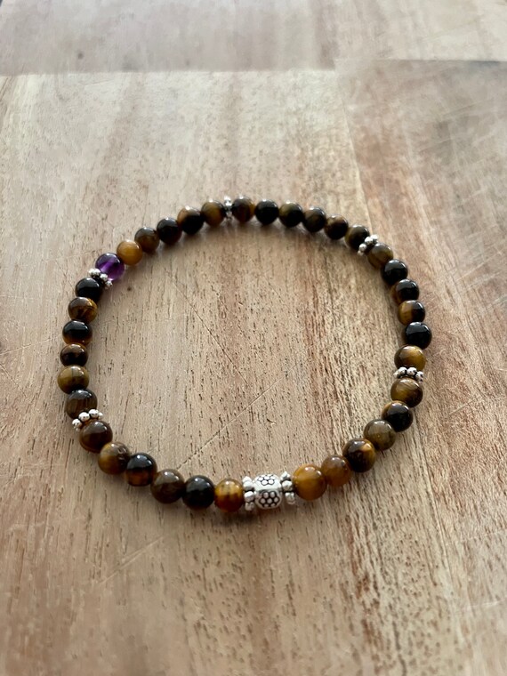Handmade Tigers eye Bracelet antique silver spacer beads, Secure stretch 