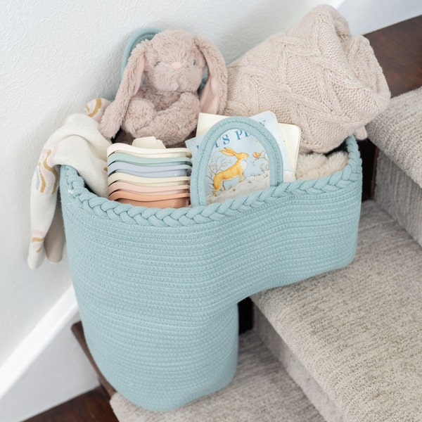 NEObirdie Natural Cotton Rope Stair Basket for Carpeted and Wooden Stairs - Rope Basket with Handle - Collapsible Basket for Stairs