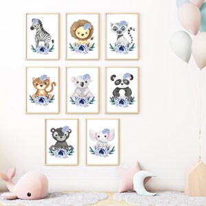 DIGITAL DOWNLOAD Printable Baby Animal Nursery Art, Blue Flower Bouquet, Printable Wall Art, Kids Room Décor, Jungle Animals, Nursery Decor