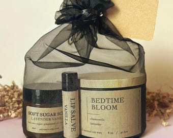 1 Candle Gift Bundle – 8oz Candle, Lip Balm & 2oz Sugar Scrub – Spa Bundle, Relaxation Gift, Birthday or Bridal Shower Favor, Small Group