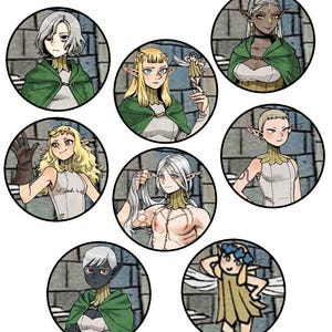 May include: A collection of seven circular illustrations featuring fantasy characters with pointed ears. Each character is depicted with unique hairstyles, skin tones, and attire, including capes and dresses. The art style is reminiscent of a comic book.