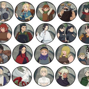 May include: A collection of twenty circular character portraits. Each portrait features a different anime-style character with unique hairstyles, clothing, and accessories. The characters are set against a blurred background.