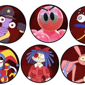 May include: Six cartoon character portraits in circular frames on a dark red background. The characters include a purple figure in a police hat, a pink octopus-like creature, and a pink creature with the text "I'M EVIL".