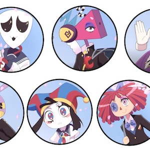 Pode incluir: Seis ilustrações circulares de personagens de desenhos animados com designs únicos. Cada personagem é colocado em um fundo azul claro com flores de cerejeira rosa. Os personagens têm várias formas, cores e roupas, incluindo ternos e uniformes de marinheiro.
