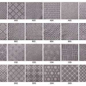 May include: A grid of twenty-four fabric swatches featuring white geometric and floral embroidery patterns on a dark gray background. Each square is labeled with a code from A01 to D06, showcasing various stitching designs including stars, waves, and circles.