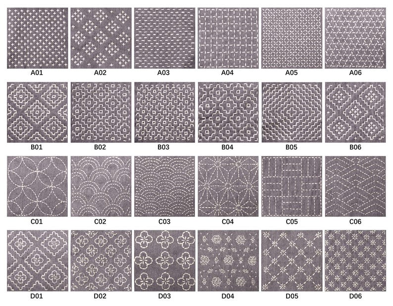May include: A grid of twenty-four fabric swatches featuring white geometric and floral embroidery patterns on a dark gray background. Each square is labeled with a code from A01 to D06, showcasing various stitching designs including stars, waves, and circles.