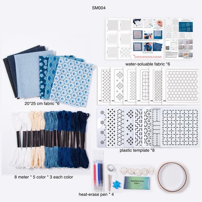 May include: A crafting kit labeled SM004 containing six 20x25 cm fabric pieces in blue shades, eight plastic templates, six water-soluble fabric sheets, fifteen embroidery floss skeins in five colors, four heat-erase pens, pins, and tape.