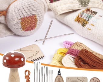 Wooden Darning Mushroom Kit – Magnetic Tin, Comb, Needles for Visible Mending