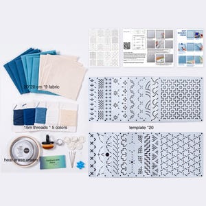 May include: A comprehensive embroidery kit featuring 9 fabric squares measuring 20x20 cm, 5 spools of 15m thread, 20 plastic templates with various geometric patterns, a container of heat-erasable cream, an applicator brush, needles, and pins.