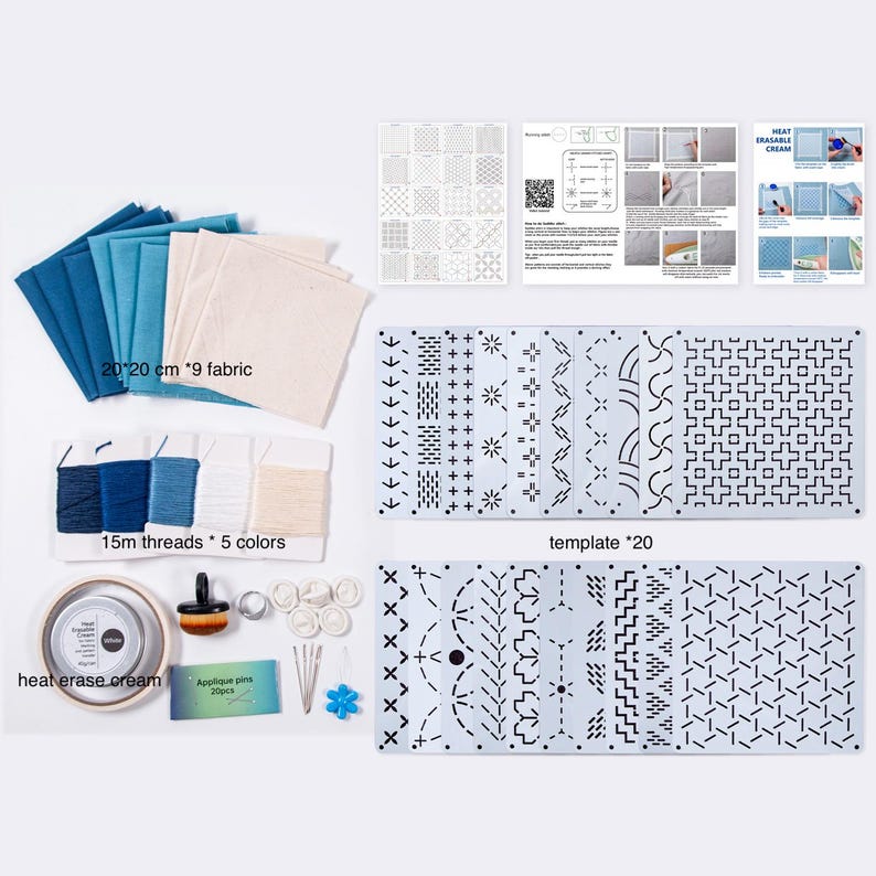 May include: A comprehensive embroidery kit featuring 9 fabric squares measuring 20x20 cm, 5 spools of 15m thread, 20 plastic templates with various geometric patterns, a container of heat-erasable cream, an applicator brush, needles, and pins.