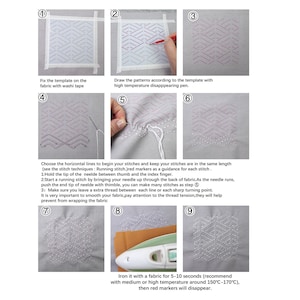 May include: A nine-step instructional guide for sashiko embroidery on gray fabric. It shows fixing a template with tape, drawing patterns with a red pen, performing running stitches with white thread, and ironing at 150&deg;C-170&deg;C to remove marks.