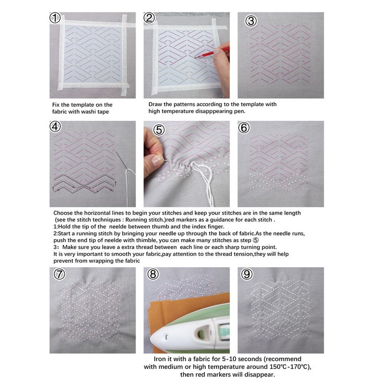 May include: A nine-step instructional guide for sashiko embroidery on gray fabric. It shows fixing a template with tape, drawing patterns with a red pen, performing running stitches with white thread, and ironing at 150&deg;C-170&deg;C to remove marks.
