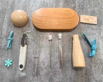 Wooden Darning Mushroom Set with Oval Disc, Needles, Comb, Scissor