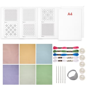 May include: An embroidery kit containing six A4 pattern sheets with geometric designs, six solid-colored fabric squares in pastel shades, five skeins of embroidery floss in pink, green, blue, white, and grey, five needles, a metal thimble, and five finger cots.