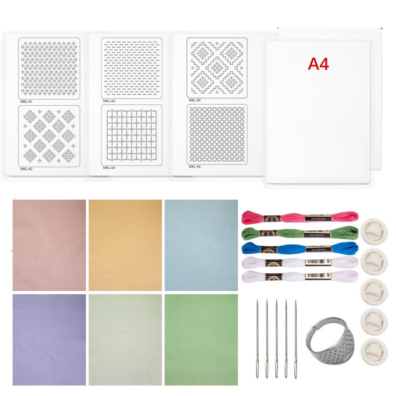 May include: An embroidery kit containing six A4 pattern sheets with geometric designs, six solid-colored fabric squares in pastel shades, five skeins of embroidery floss in pink, green, blue, white, and grey, five needles, a metal thimble, and five finger cots.