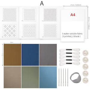 May include: An embroidery kit featuring six 20cm by 25cm fabric sheets in various colors, five A4 water-soluble sheets measuring 8.26 inches by 11.69 inches, five white embroidery floss skeins, five needles, a metal thimble, and five finger cots.