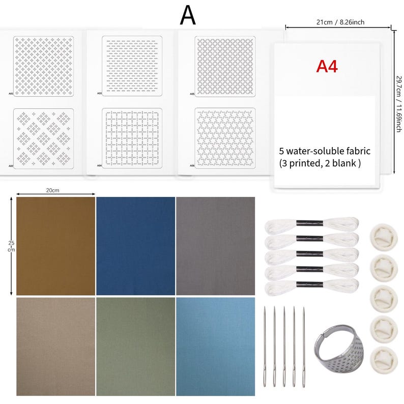 May include: An embroidery kit featuring six 20cm by 25cm fabric sheets in various colors, five A4 water-soluble sheets measuring 8.26 inches by 11.69 inches, five white embroidery floss skeins, five needles, a metal thimble, and five finger cots.