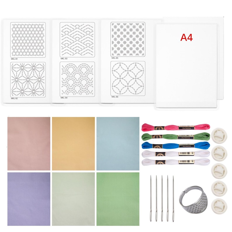 May include: A sashiko embroidery kit featuring six A4 pattern sheets with geometric designs, six colored fabric squares, five embroidery floss skeins in pink, green, blue, white, and grey, five needles, a metal thimble, and five rubber finger cots.