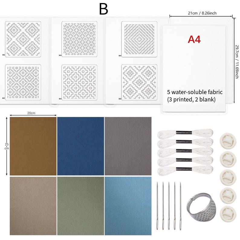 May include: A craft kit containing six 20cm by 25cm fabric sheets in brown, blue, gray, tan, olive, and light blue. Includes five A4 water-soluble sheets, five white embroidery floss skeins, five needles, five finger cots, and a metal thimble.