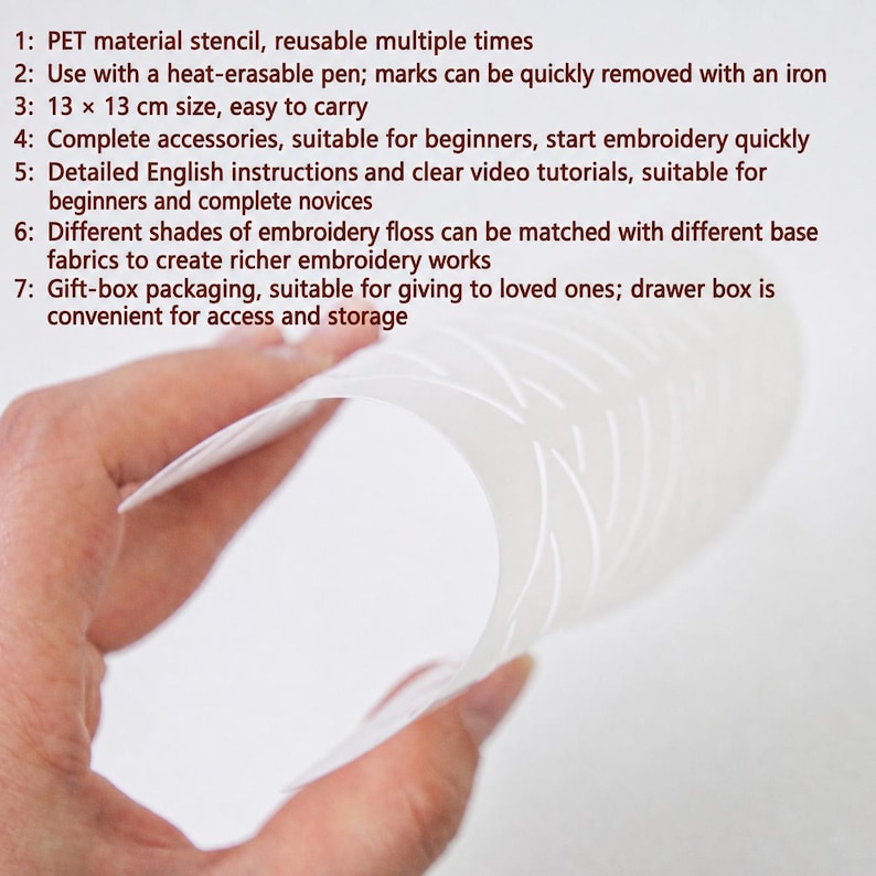 May include: A flexible, translucent PET material stencil featuring a repeating pattern of curved lines. The stencil measures 13 x 13 cm. The text on the image lists features including reusability, compatibility with heat-erasable pens, and packaging.
