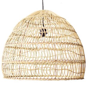 May include: A natural woven wicker pendant light fixture with a dome shape. The light fixture is made of light brown wicker and has a black cord.