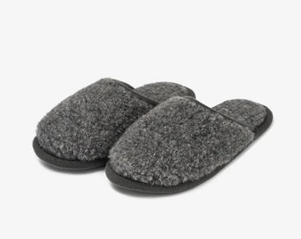 May include: A pair of gray fuzzy slippers with black trim.