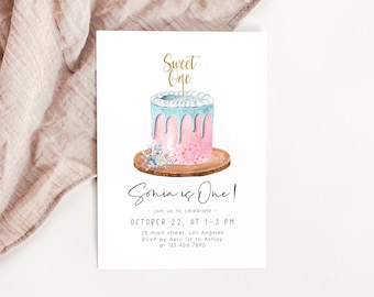 Sweet One Cake Birthday Invitation, First Birthday Invitation, First Birthday Invite, Editable Invitation, Birthday Party Invite, KB013