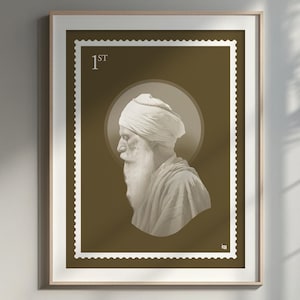 May include: Framed art print depicting a sepia-toned portrait of a man with a long white beard and turban, presented within a postage stamp design. The text "1st" is in the upper left corner. The artwork is displayed in a wooden frame.