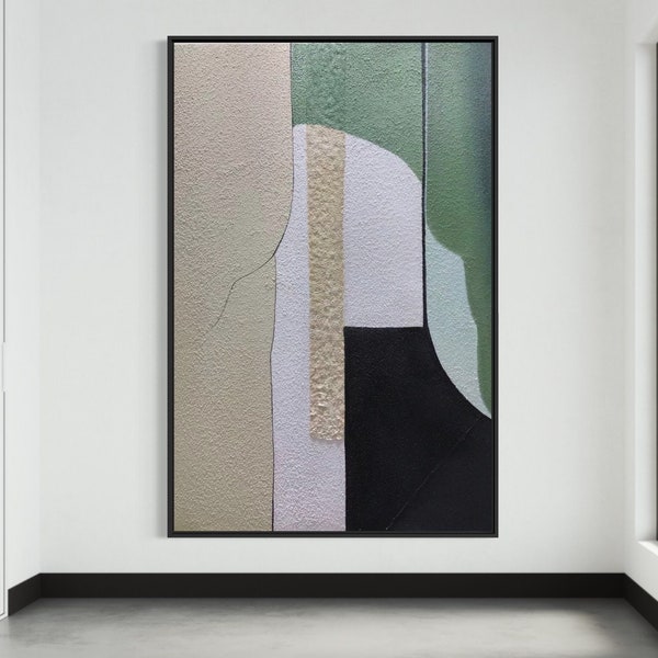 Pearl White and Green Strokes, Extra Large Original Oversize Vertical Painting, Hand Painted Abstract Textured Modern Contemporary Wall Art