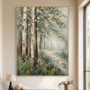 May include: A large rectangular oil painting featuring a forest scene with textured birch trees in the foreground, a winding path, and foliage in shades of sage green, cream, and gold. The artwork displays thick impasto brushstrokes.