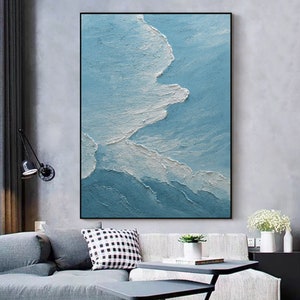 Vertical Blue Ocean Oversize Art, Extra Large Coastal Beach Art, Acrylic Abstract Painting, Hand Painted Ocean Thick Texture Modern Wall Art