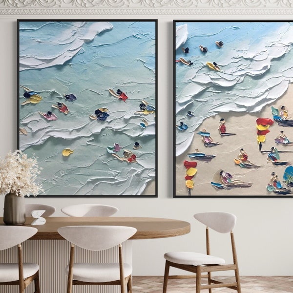 2pcs set Oversize Beach Joy Ocean Art, Extra Large Coastal Art, Acrylic Beach Painting, Hand Painted Ocean Thick Texture Modern Wall Art