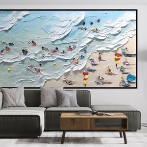 Family Beach, Horizontal Large Blue Ocean Coastal Art, Acrylic Oversize Beach Painting, Hand Painted Ocean Thick Texture Modern Wall Art
