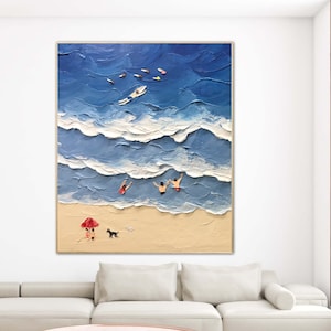 Textured Beach Painting: Vertical Abstract Ocean Art, Coastal Wall Decor