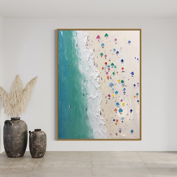 Original Turquoise Swimming Surfers, Coastal Ocean Art, Acrylic Oversize Beach Painting, Hand Painted Ocean Thick Texture Modern Wall Art