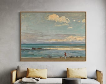 Hund spielt am Strand Übergroße individuelle Geschenkkunst, extra großes entspannendes Gemälde, handbemalte strukturierte moderne abstrakte Wandkunst, Strandfreude Kunst