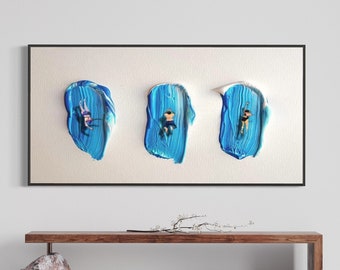 Dipinto di tre nuotatori: dipinto a mano con spatola acrilica, arte murale costiera