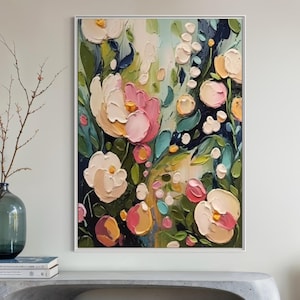 Impasto Spring Floral Oil Painting: Handcrafted Colorful Bouquet Canvas Art