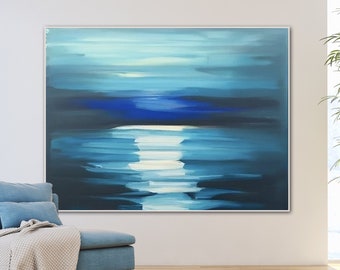 Peinture acrylique surdimensionnée moderne originale d'art abstrait de plage bleue d'océan, art mural 3D de cadeau de texture épaisse peint à la main, oeuvre d'art de décoration de maison